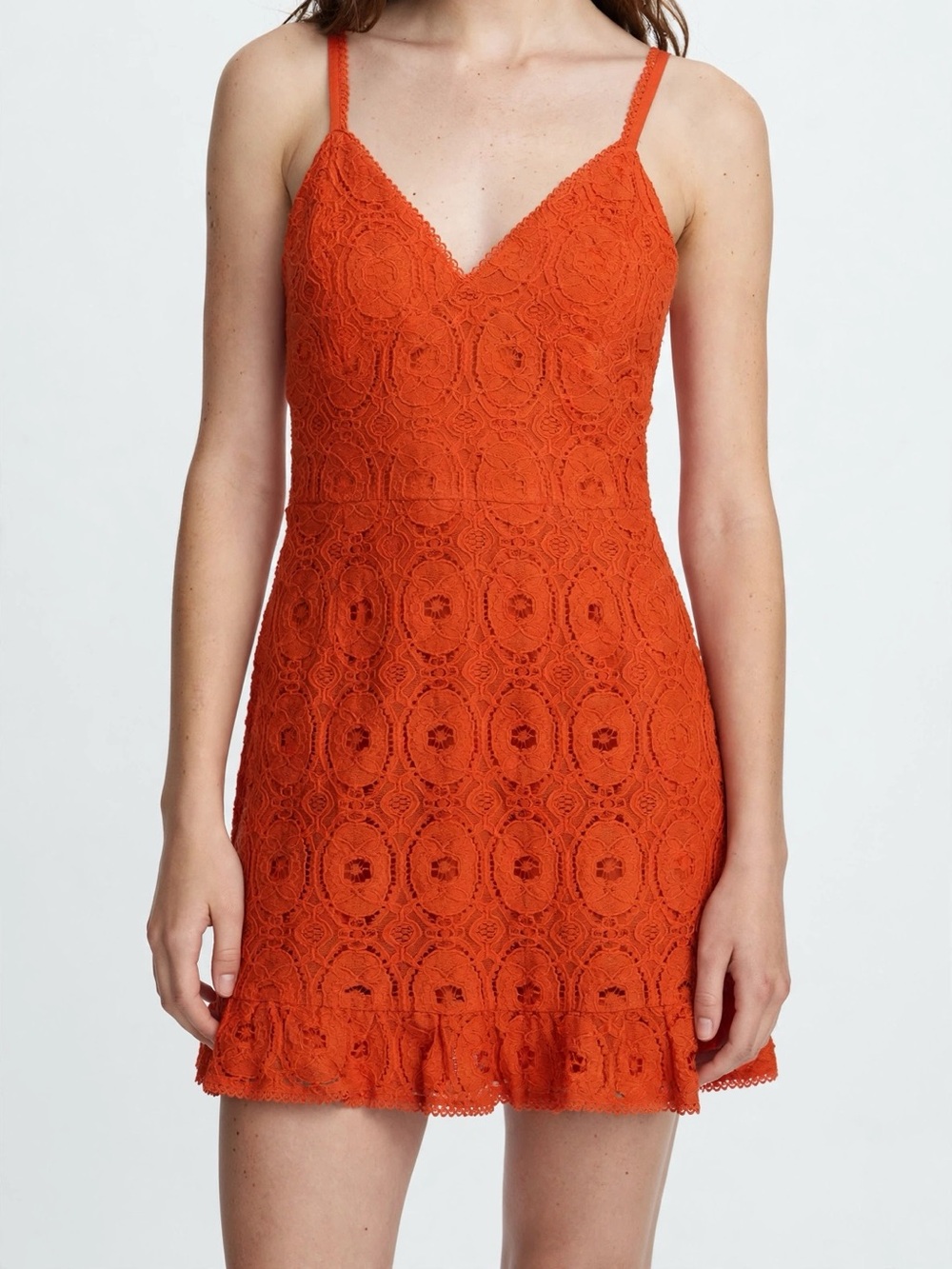 Betsey Johnson Orange Crochet Lace Mini Dress V Neck Flare LARGE PTP 21 L 36